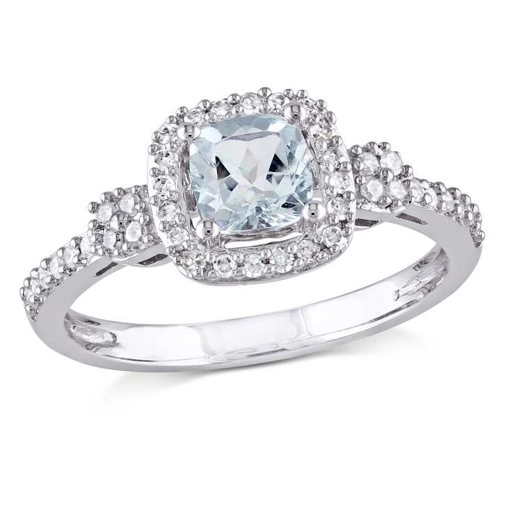 Aquamarine and Diamond 10K White Gold Halo Ring 0.69ctw