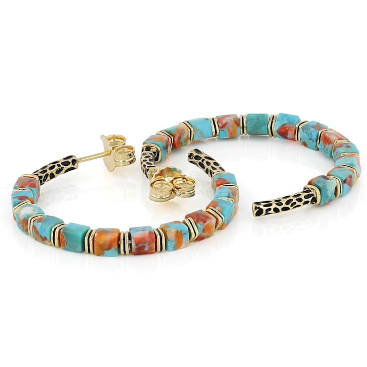 Turquoise And Spiny Oyster Shell Hoop Earrings In 18K Gold Over Brass