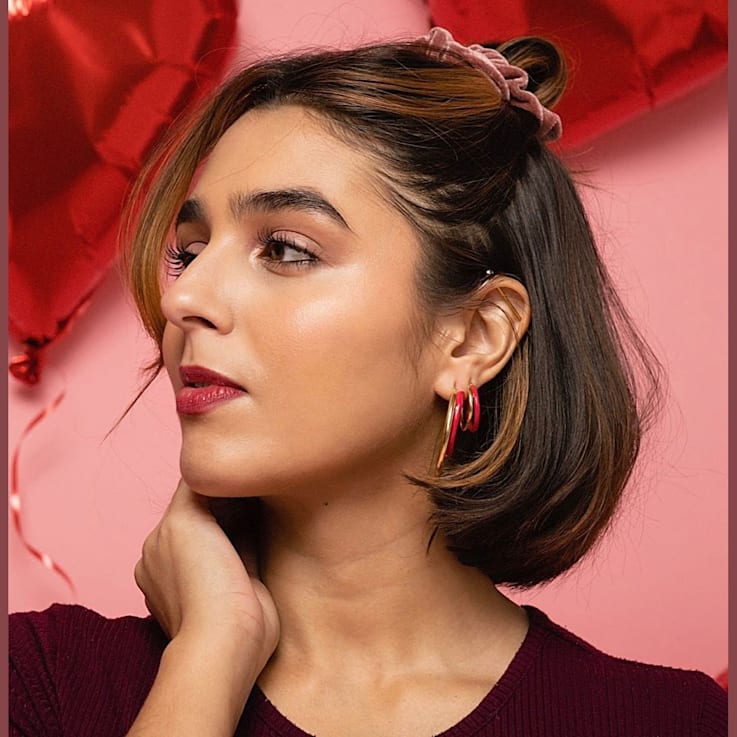14K Yellow Gold Over Sterling Silver Double Hoop Enamel Earrings in Pink