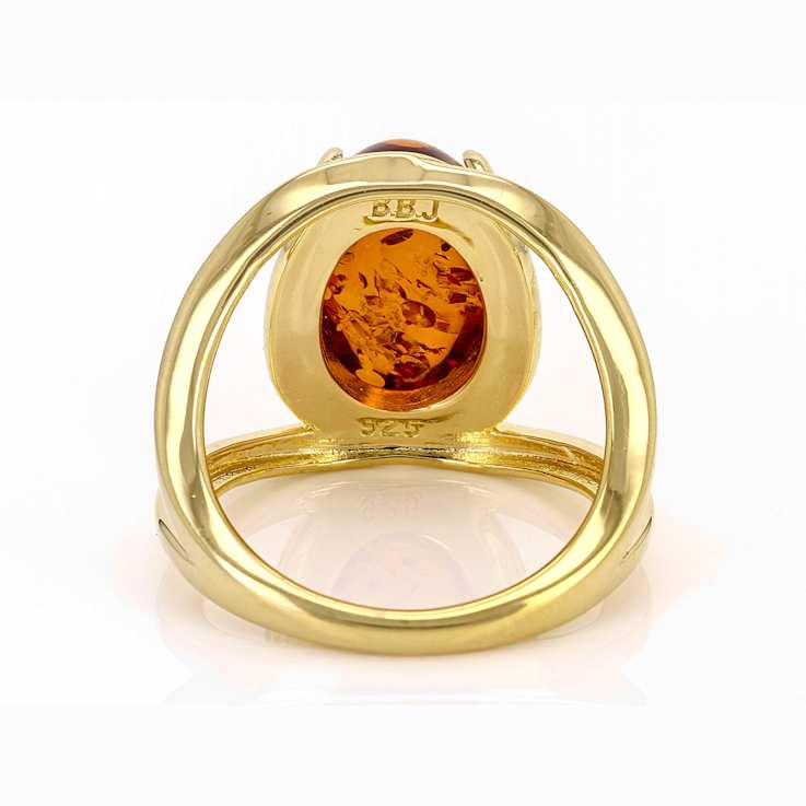 Amber Open Design Solitaire Ring In 18K Gold Over Sterling Silver