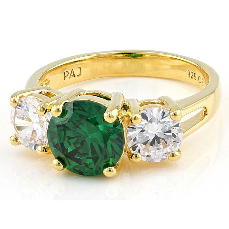 Green And White CZ 3-Stone Ring In 18K Gold Over Sterling Silver