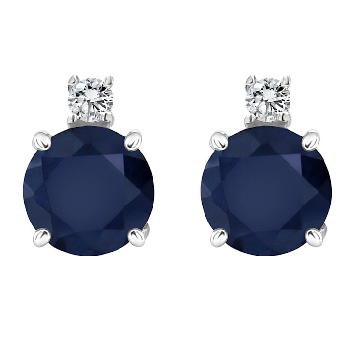 5mm Round Sapphire with Diamond Accents 14k White Gold Stud Earrings