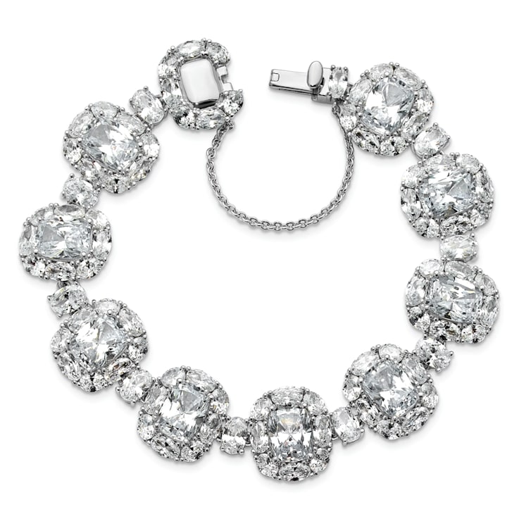 Rhodium Over Sterling Silver Polished Fancy Cubic Zirconia Halo Cluster Bracelet