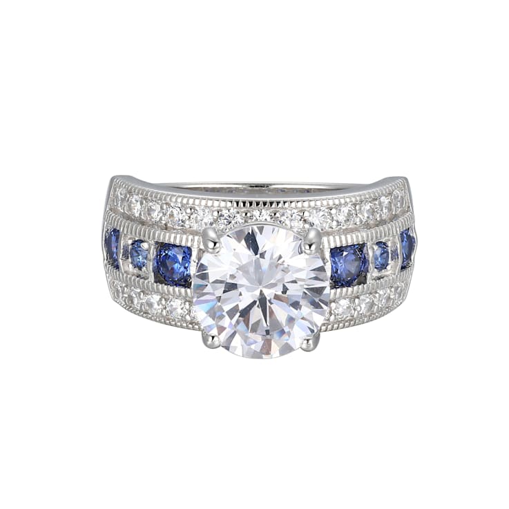 Blue And White Cubic Zirconia Platinum Over Silver Ring 6.21ctw