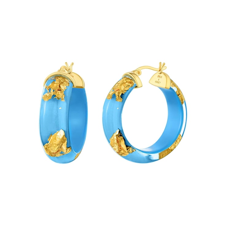 14K Yellow Gold Over Sterling Silver Mini Gold Leaf Acrylic Hoops in
Turquoise Color