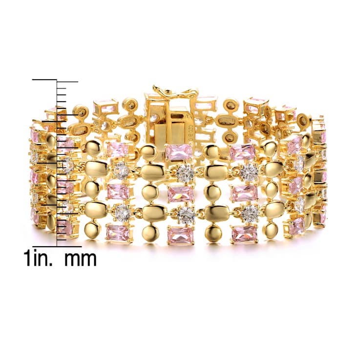 Pink CZ Wide Geometric Mesh Link Bracelet In 14K Gold Over Brass