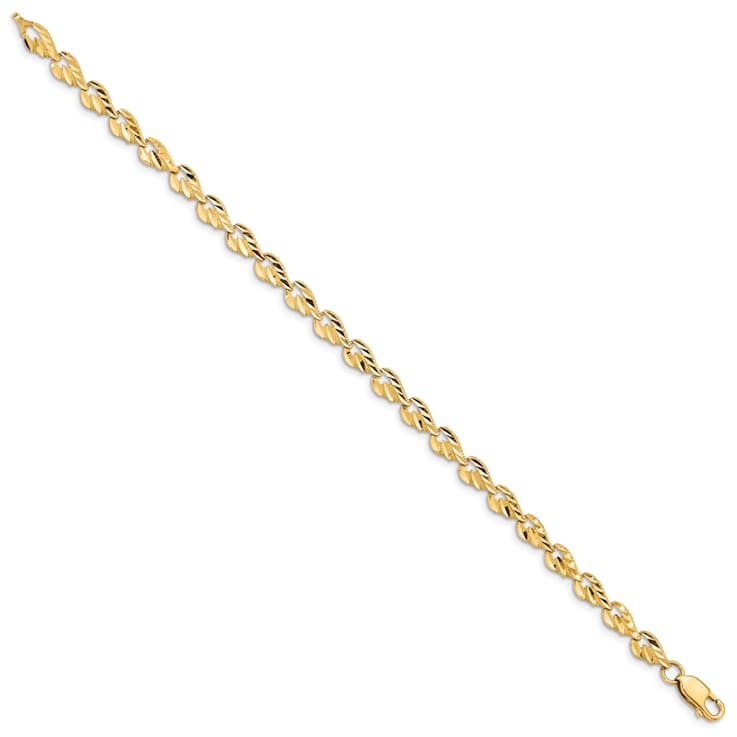 14k Yellow Gold Polished Diamond-Cut Leaf Link Bracelet