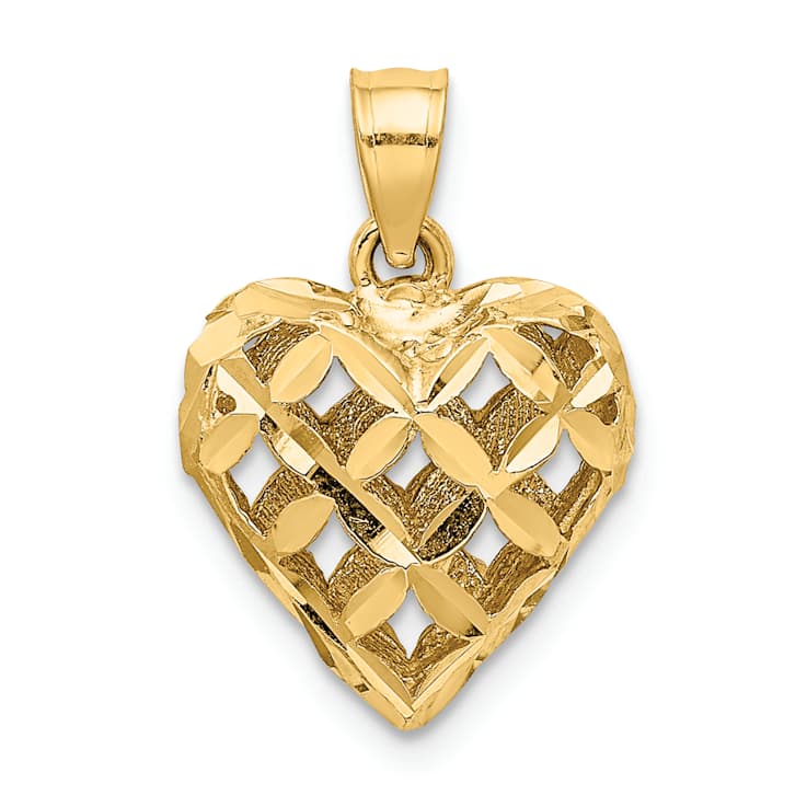 10K Yellow Gold 3D Diamond-Cut Filigree Puffed Heart Charm
