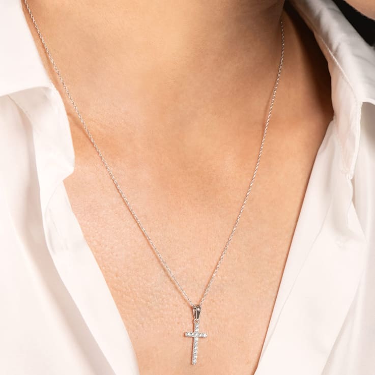 White Cubic Zirconia 14k White Gold Cross Pendant With Chain 0.30ctw