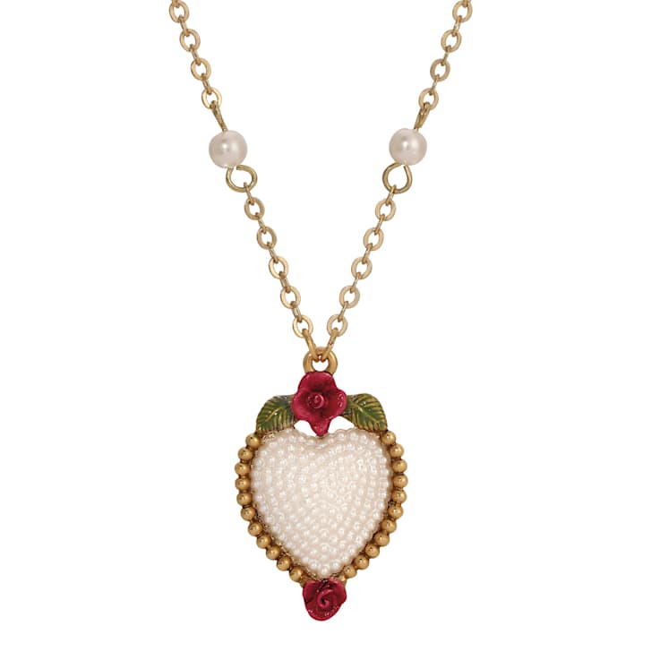 Yellow Base Metal Faux Pearl Heart Red Rose Necklace 16" Adj.