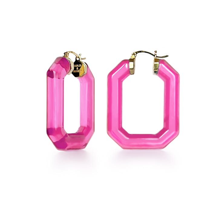 14K Yellow Gold Over Sterling Silver Acrylic Hoops in Pink