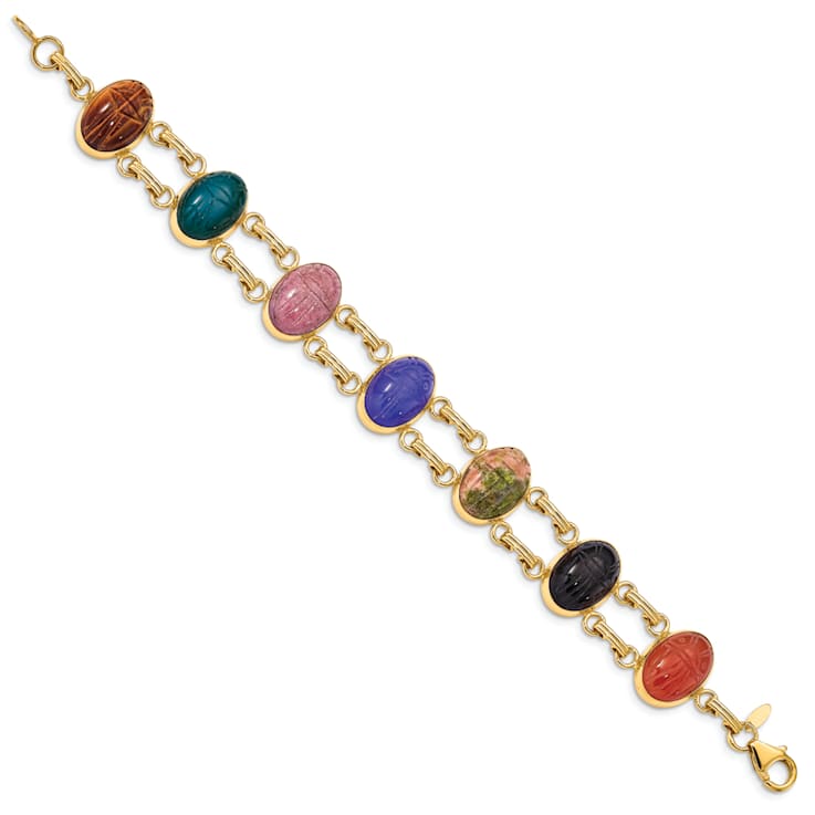 14k Yellow Gold Onyx, Carnelian, Epidote, Rhodonite and Tigers Eye 7
Stone Scarab Bracelet