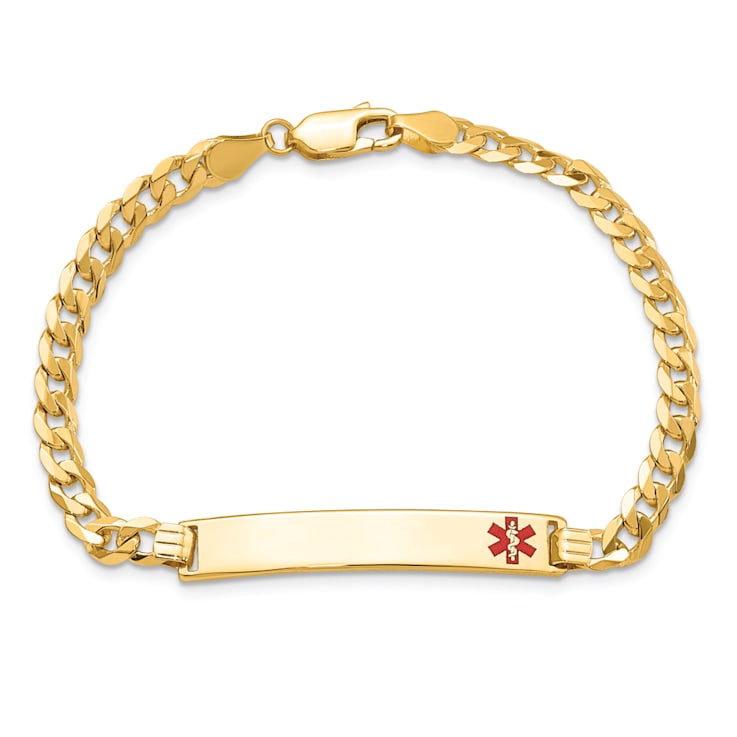 14k Yellow Gold Medical Red Enamel Flat Curb Link ID Bracelet