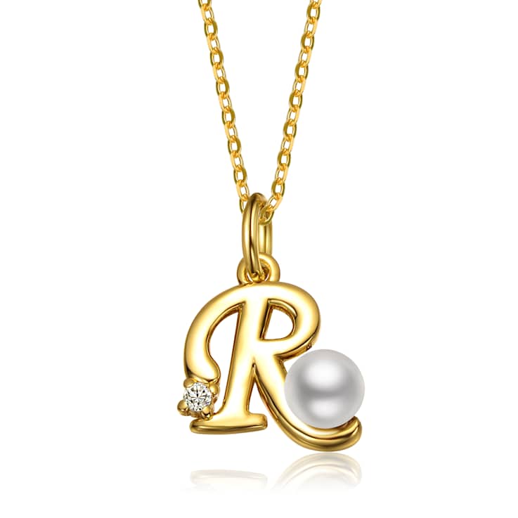 Initial R Pearl And CZ Pendant Necklace In 14K Gold Over Brass