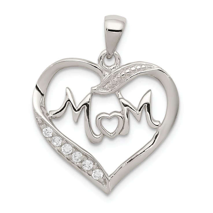 Rhodium Over Sterling Silver MOM Cubic Zirconia Heart Pendant
