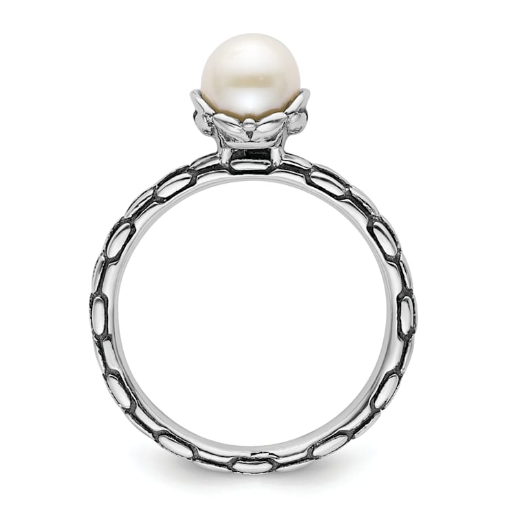 Rhodium Over Sterling Silver Stackable Expressions Patterned White
Freshwater Cultured Pearl Ring