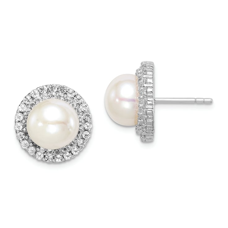 Rhodium Over Sterling Silver 8-9mm White Button Freshwater Cultured
Pearl Cubic Zirconia Earrings