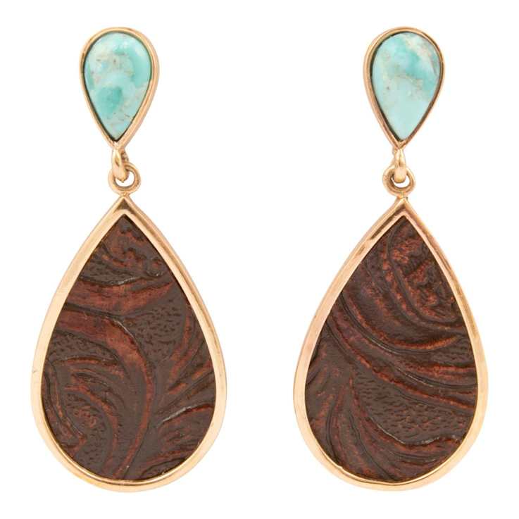 Barse Jewelry Composite Turquoise Rosette Leather & Gold Tone Dangle Earrings
