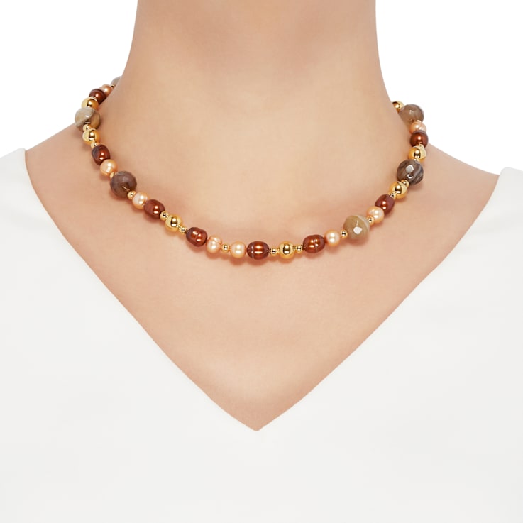 Champagne and Mocha Freshwater Pearl with Chalcedony 14K Yellow Gold
Over Sterling Silver Necklace