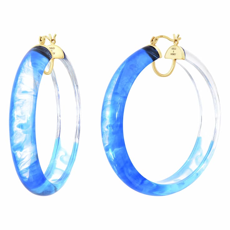 14K Yellow Gold Over Sterling Silver Blue and Clear Tie Dye Acrylic Hoops