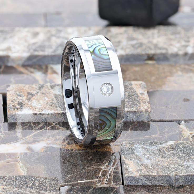 HONOLULU Mother of Pearl Inlay Tungsten Carbide Ring with Beveled Edges
and White Diamond 8mm