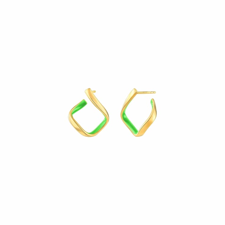 14K Yellow Gold Over Sterling Silver Square Enamel Earrings in Neon Green