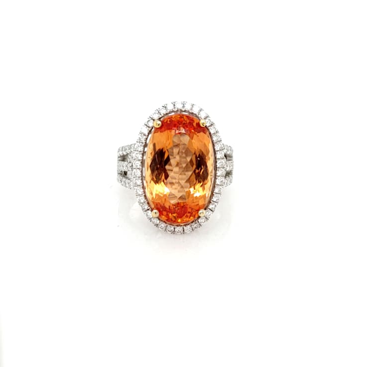 12.40 Ctw Imperial Topaz and 1.10 Ctw White Diamond Ring in 14K 2-Tone