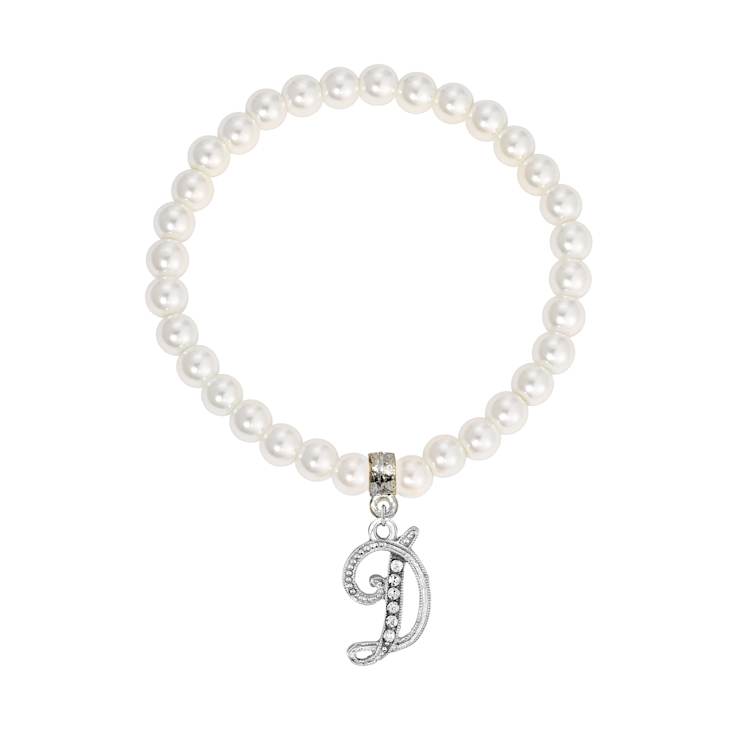 White Faux Pearl Bead Initial Charm Stretch Bracelet