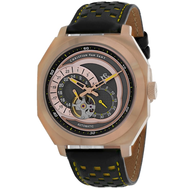 Christian Van Sant Men's Machina Gray Dial, Rose Bezel, Yellow and Black
Leather Strap Watch