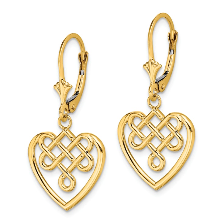 14k Yellow Gold Celtic Knot Heart Dangle Earrings