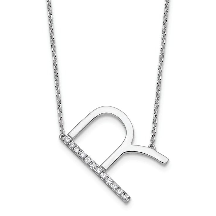 Rhodium Over 14k White Gold Sideways Diamond Initial R Pendant Cable
Link 18 Inch Necklace