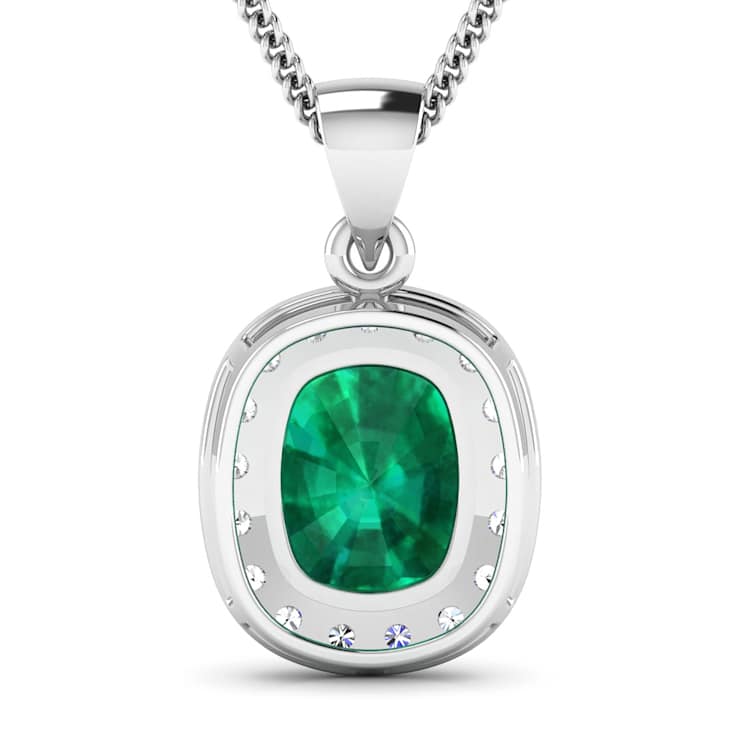 2.50ctw 14K White Gold Zambian Emerald and White Diamond Pendant with 18
inch Cable Chain