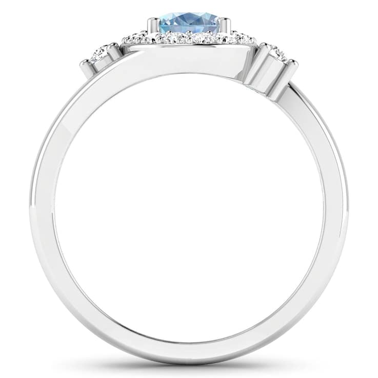 Oval Blue Aquamarine and Diamond 14K White Gold Halo Ring 0.78 ctw
