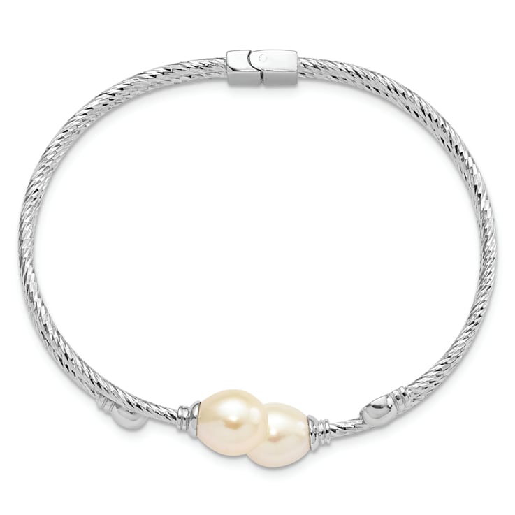 Rhodium Over Sterling Silver 8x10mm White Teardrop Freshwater Cultured
Pearl Hinged Bangle