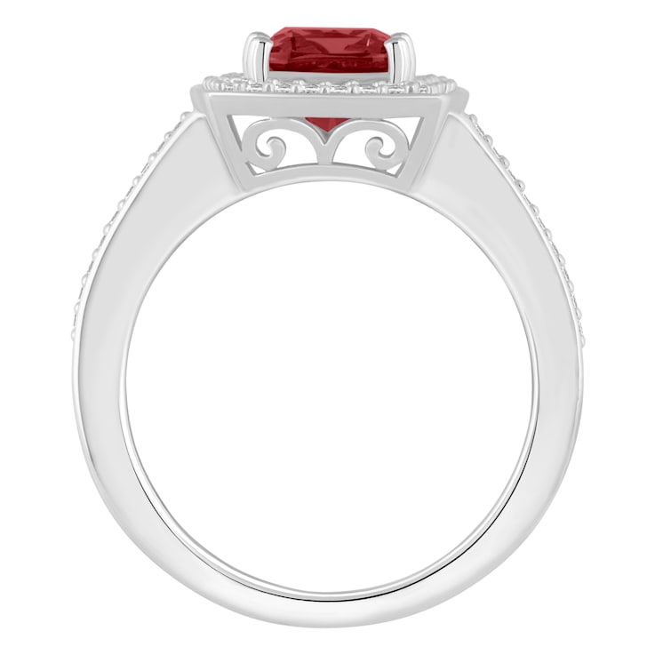 7mm Cushion Garnet 1/4 ctw Diamond Rhodium Over Sterling Silver Halo Ring