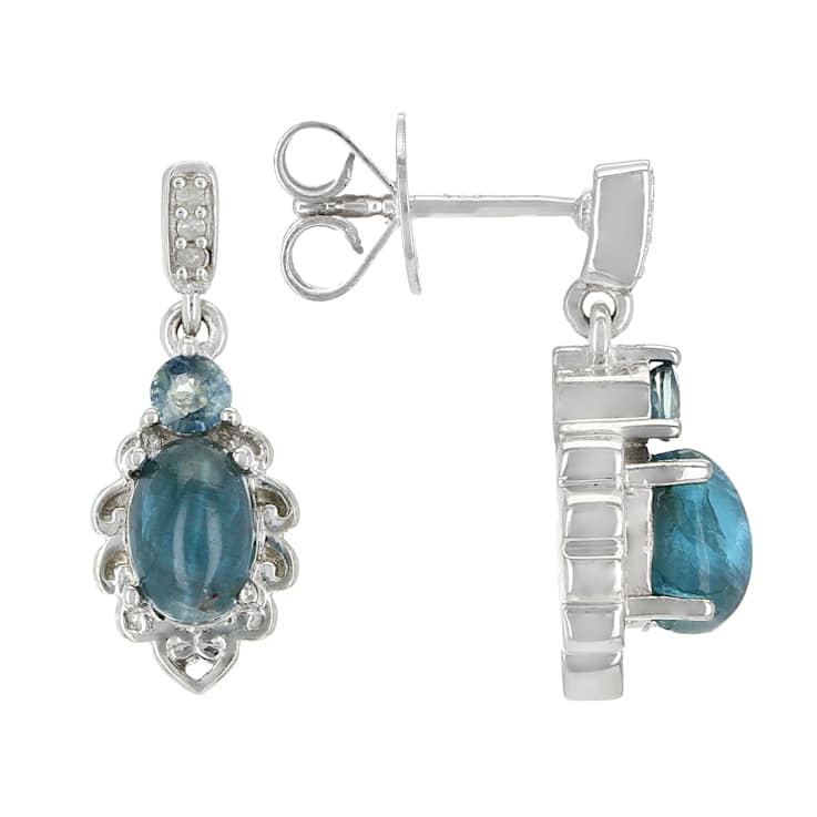 Blue Apatite Cat's Eye With Sapphire And Diamond Earrings In Sterling
Silver 0.32ctw