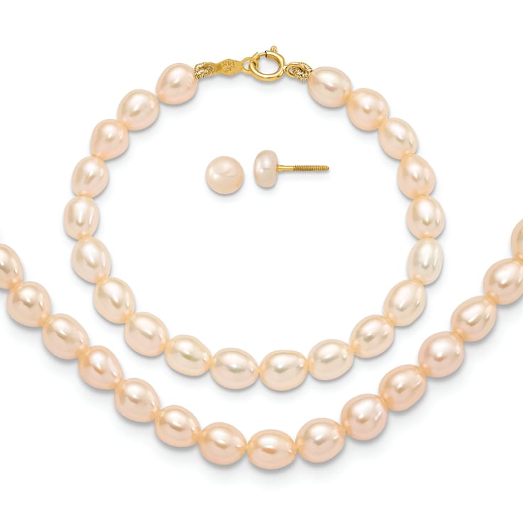 14K Yellow Gold Pink Freshwater Cultured Pearl 12 Inch Necklace, 5 Inch
Bracelet and Earring Set