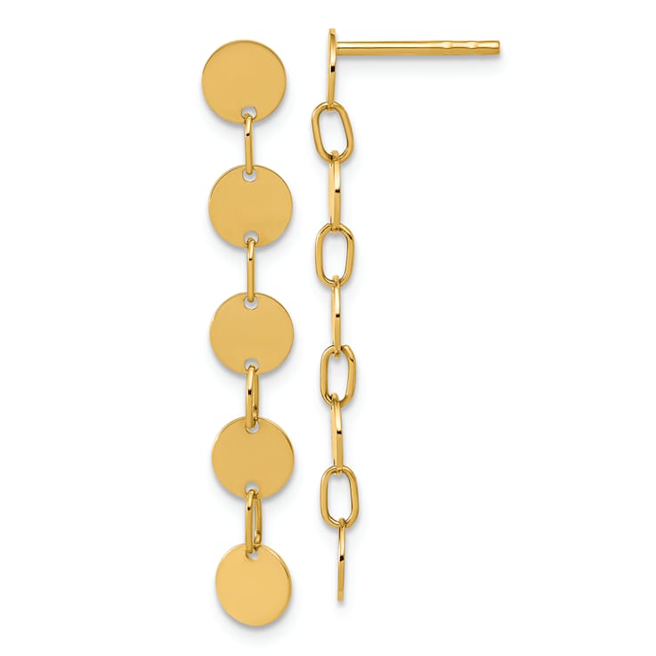 14K Yellow Gold Polished Circle Disk Dangle Post Earrings
