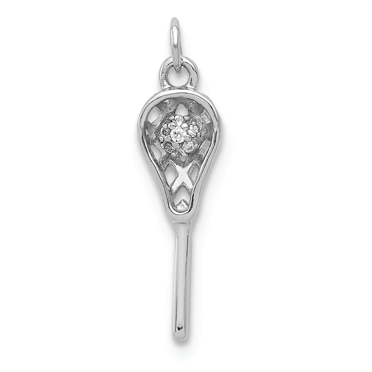 Rhodium Over 14k White Gold Textured Diamond Lacrosse Stick Pendant