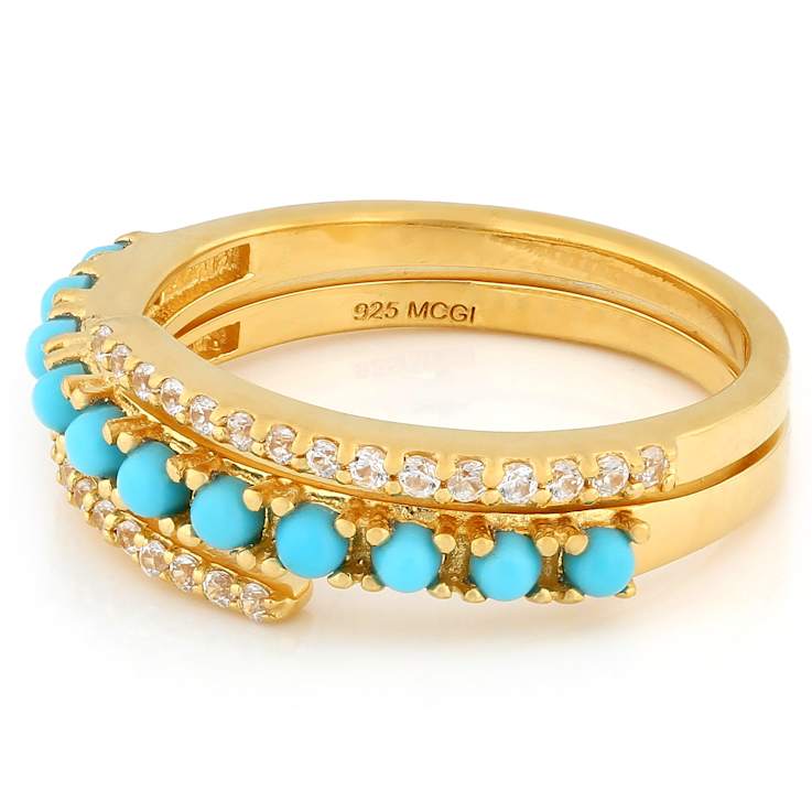 Turquoise And White Zircon Ring In 18K Gold Over Sterling Silver 0.25ctw