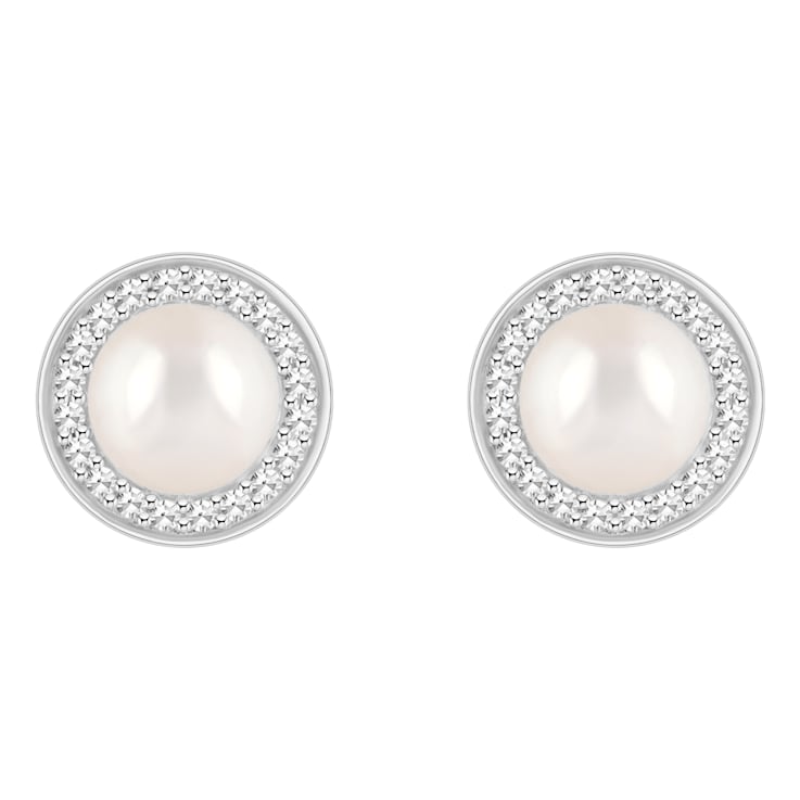 6mm Cultured Freshwater Pearl 1/5 ctw Diamond Rhodium Over Sterling
Silver Halo Stud Earrings