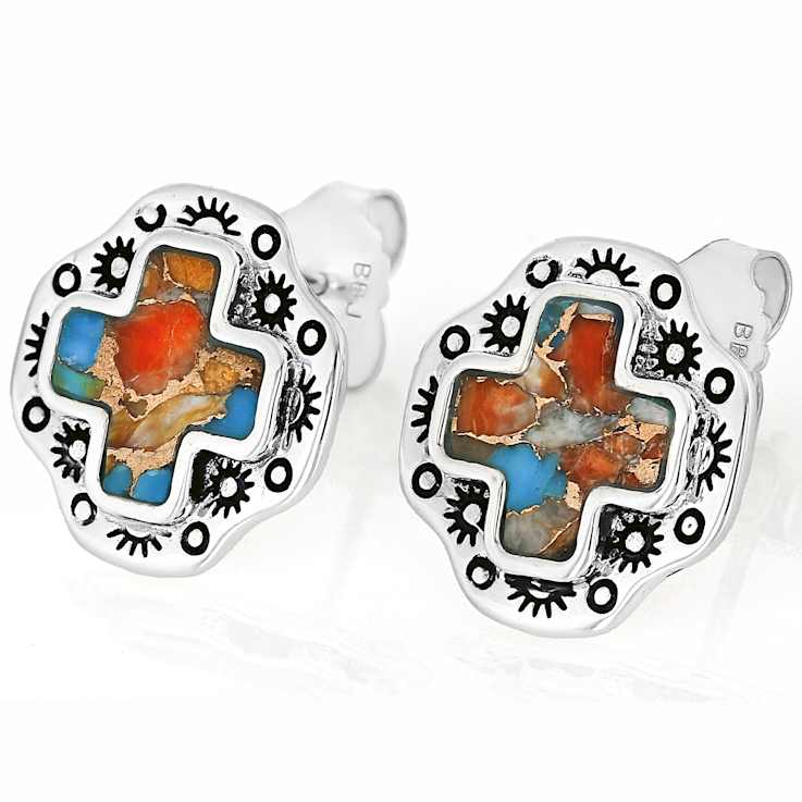 Turquoise And Spiny Oyster Shell Sterling Silver Cross Earrings
