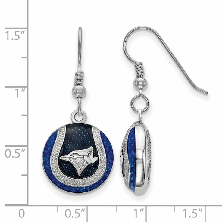 Rhodium Over Sterling Silver MLB LogoArt Toronto Blue Jays Dangle Earrings