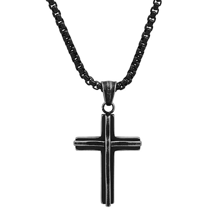 Men's Cross Pendant With Chain In Black Ion-Plated Stainless Steel