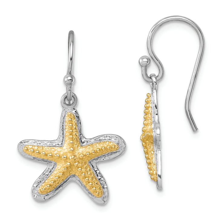 Rhodium Over Sterling Silver Polished Two-tone Star Fish Dangle Earrings