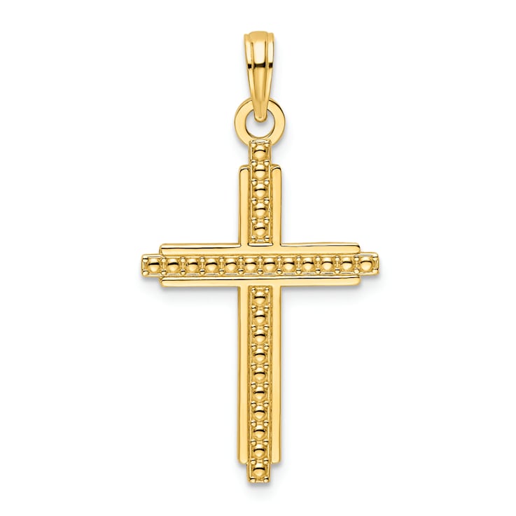 14k Yellow Gold Polished Beaded Textured Cross Pendant