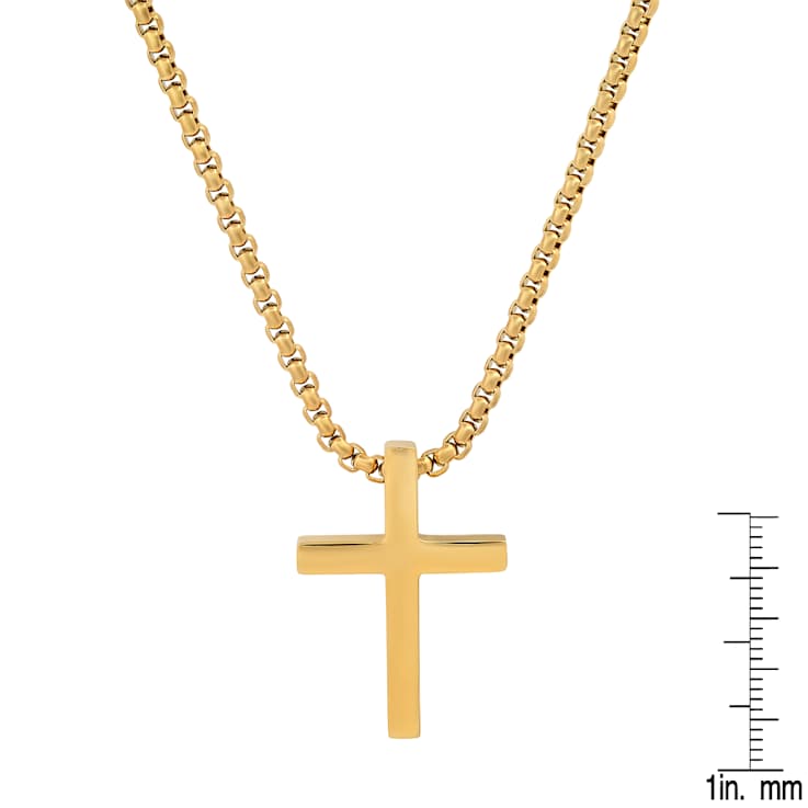 Men's Polished Cross Pendant With Chain In 18K Yellow Gold Over
Stainless Steel