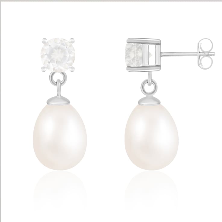 White Freshwater Pearl And White Topaz Drop Earrings In Sterling Silver