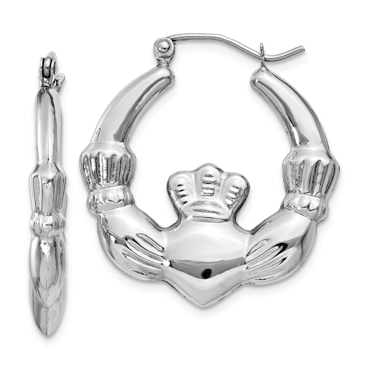 Rhodium Over 14k White Gold 1 1/16" Claddagh Hoop Earrings