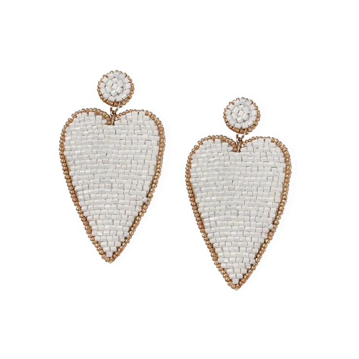 Off Park® Collection, White Seed Beaded Heart Drop Earring.